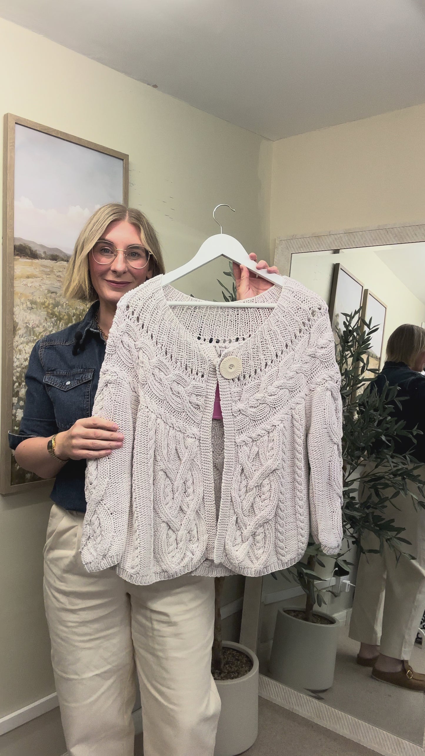 Nicole Farhi Cream Cotton Chunky Cable Knit Open Front Button Top Cardigan, Size M