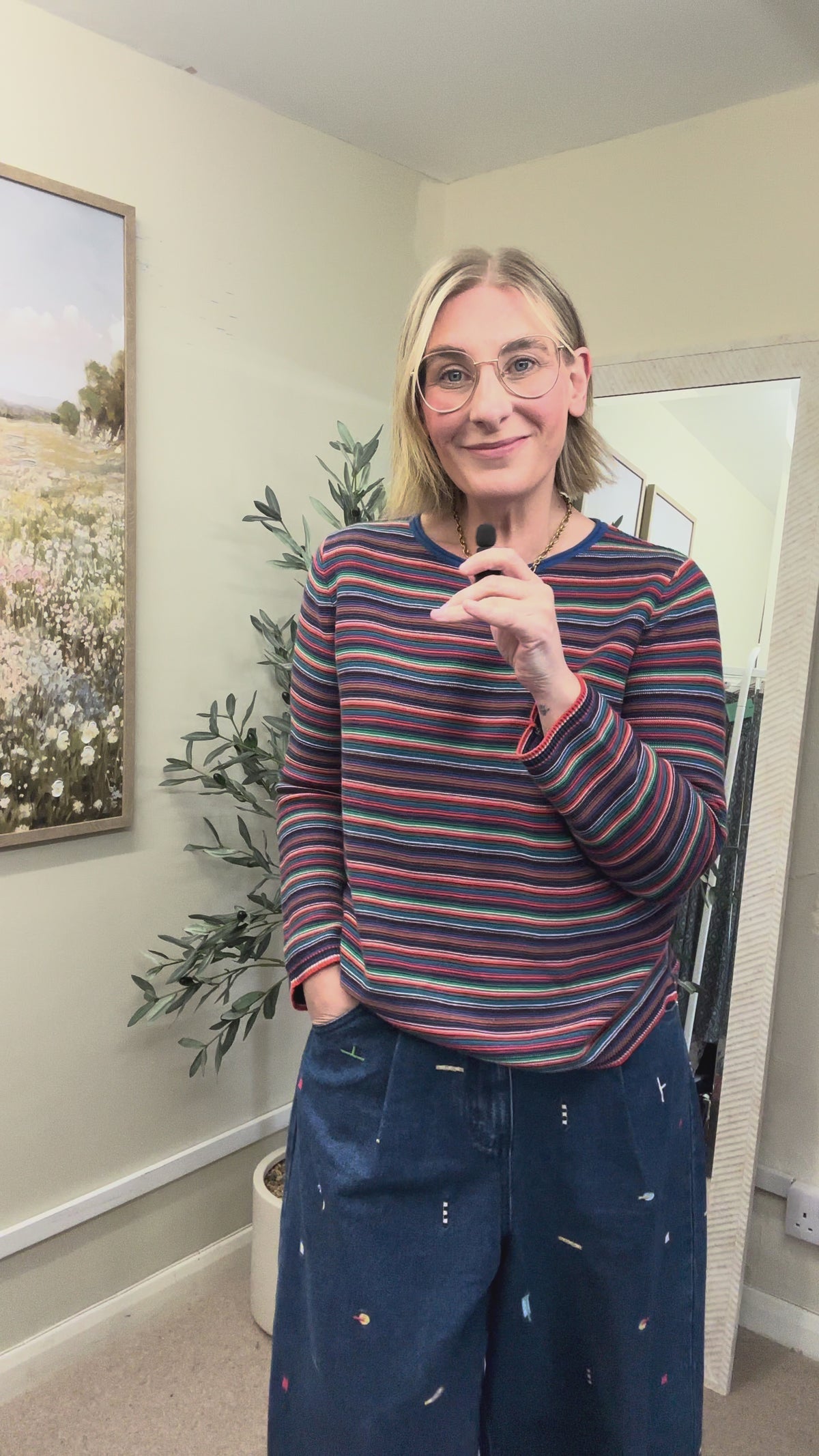 Seasalt Blue Multi Cotton Makers Fine Striped Boxy Fit Jumper, Size 12