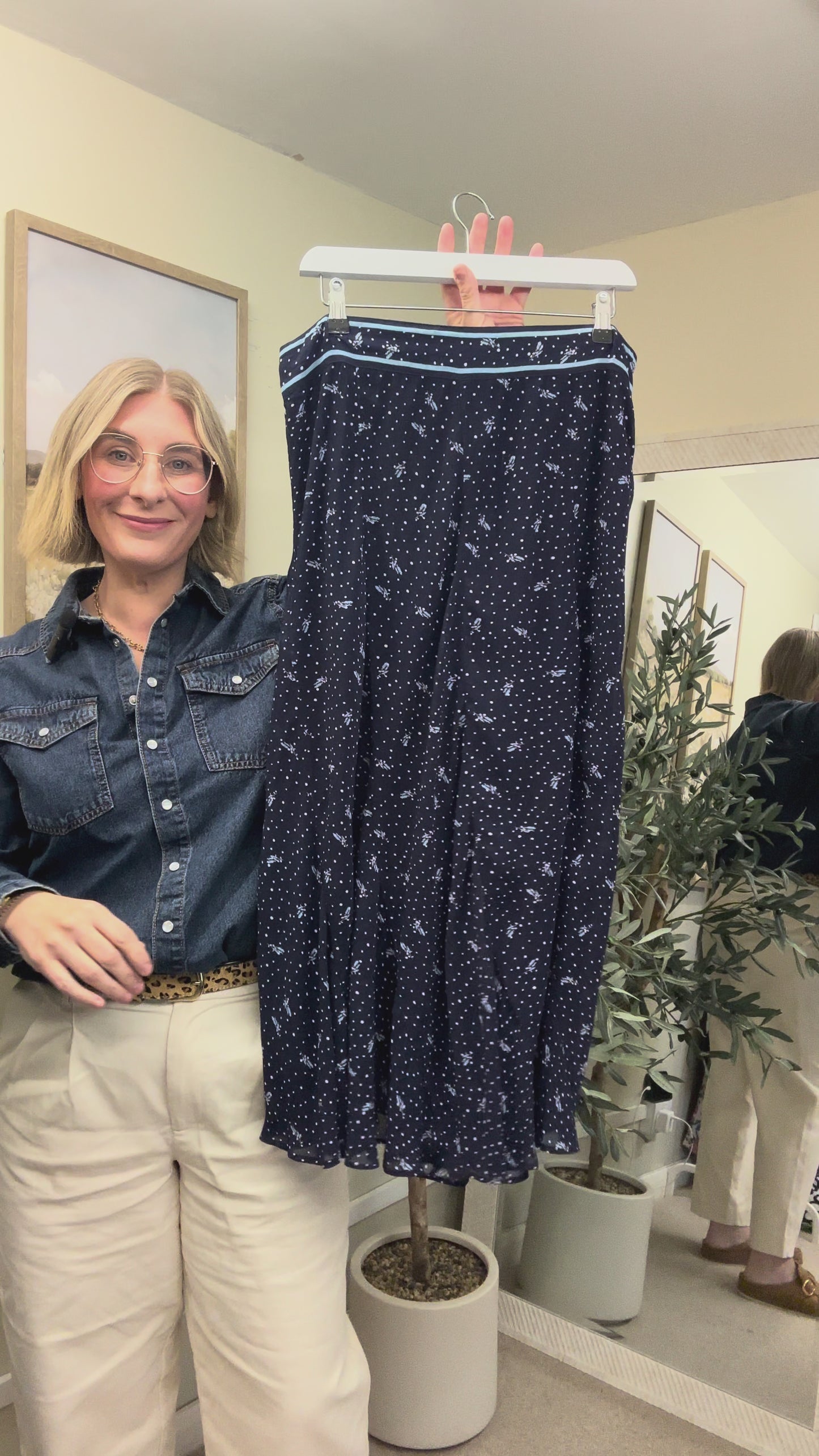Brora Navy Blue Polka Dot Ditsy Floral Maxi Skirt, Size 14