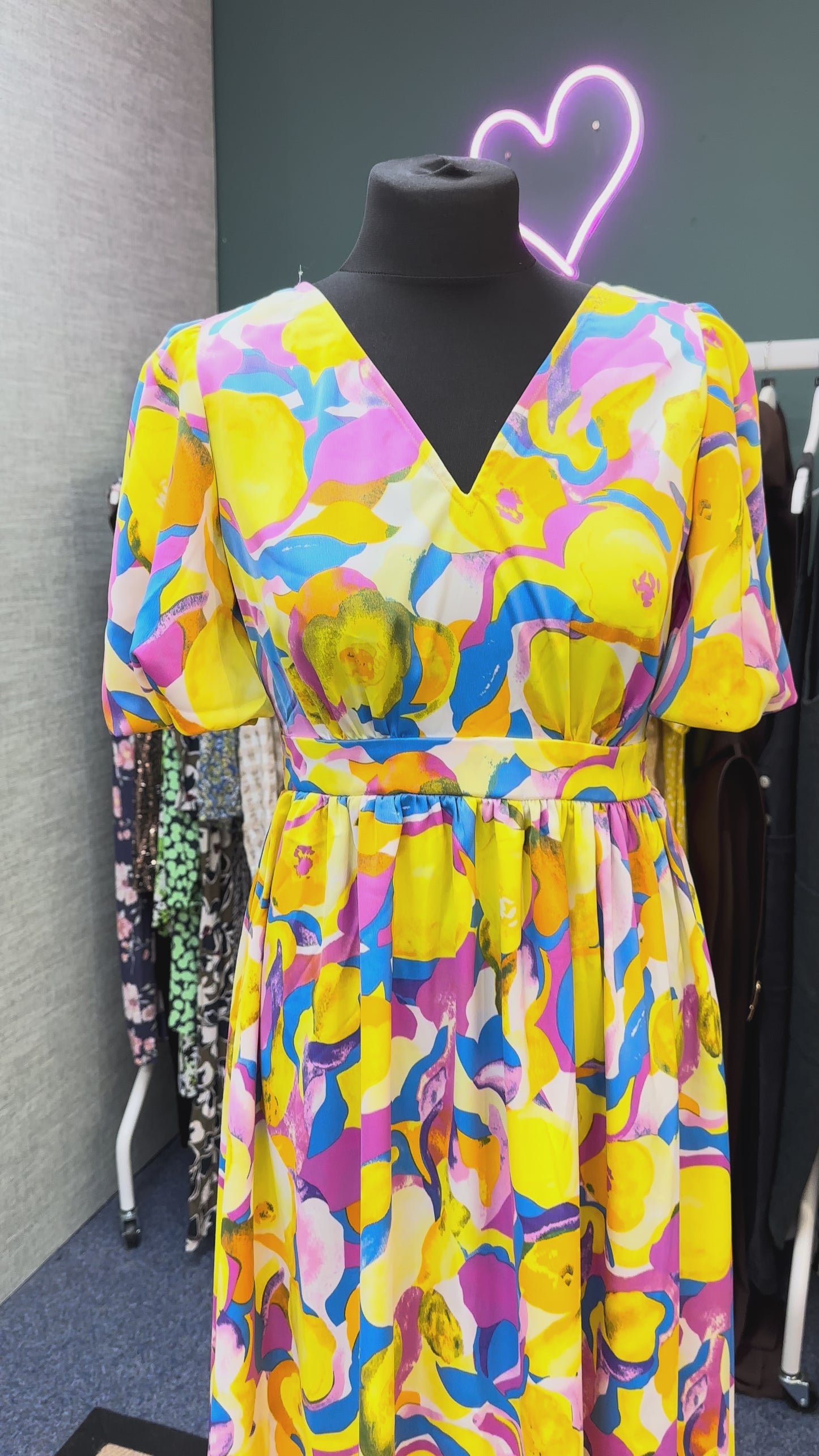 Y.A.S Yellow Orangina Print Puff Sleeve  Midi Dress, Size 10