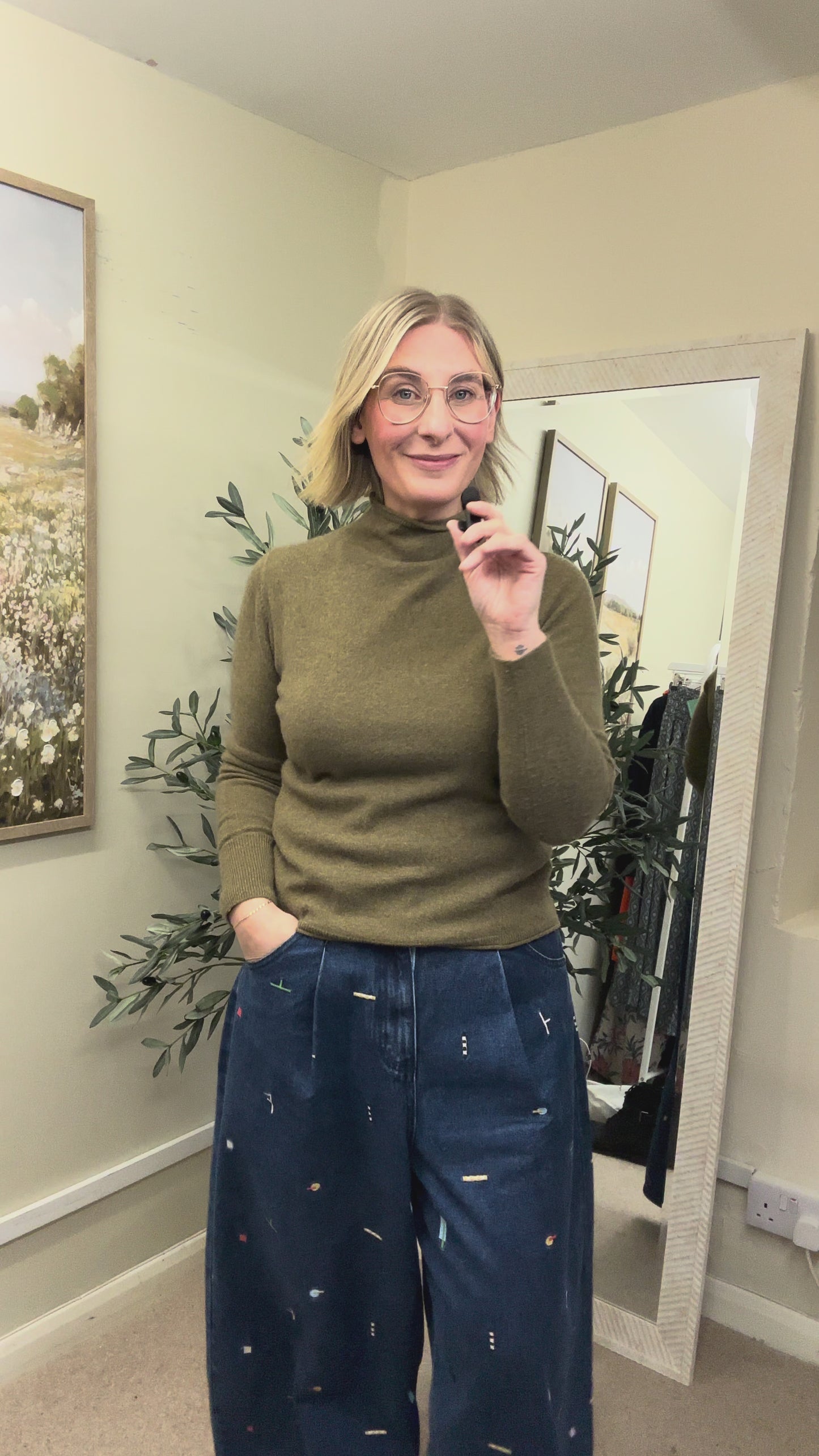 Poetry Moss Green Cashmere Fine Knit High Funnel Neck Jumper, Size 12