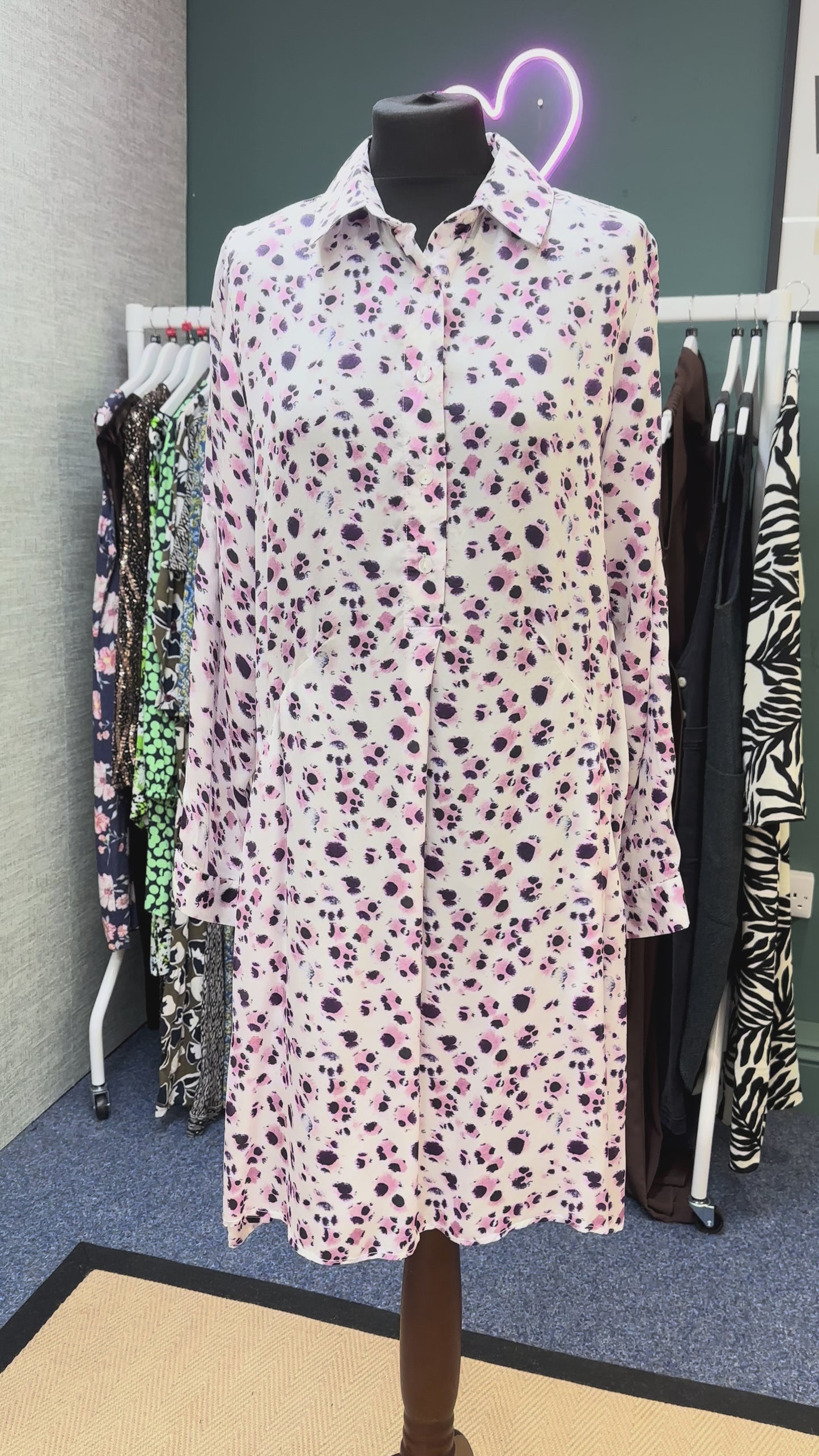 Primrose Park White Pink Amelie Silky Viscose Leopard Long Sleeve Shirt Dress, Size M