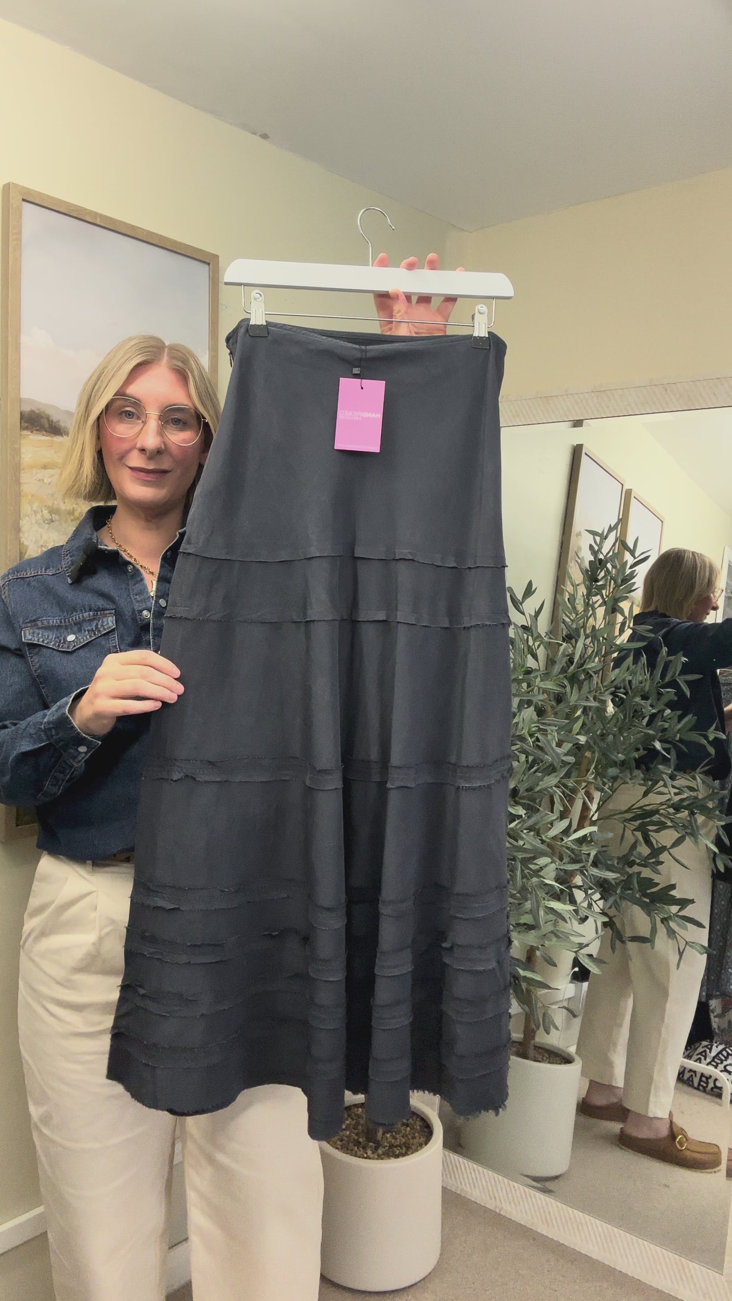 Jisgaw Navy Silk Linen Tiered Unlined Maxi Skirt, Size 12