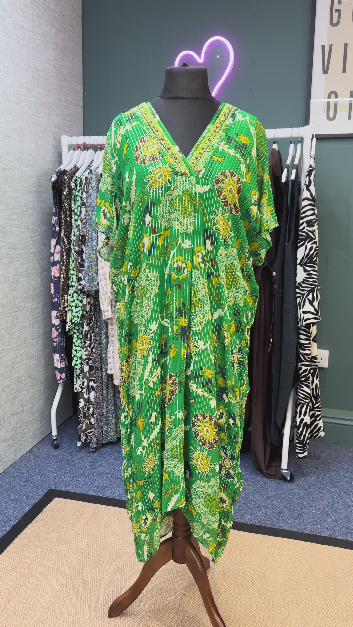 Zara Green Floral Metallic Midi Kaftan Dress, Size M