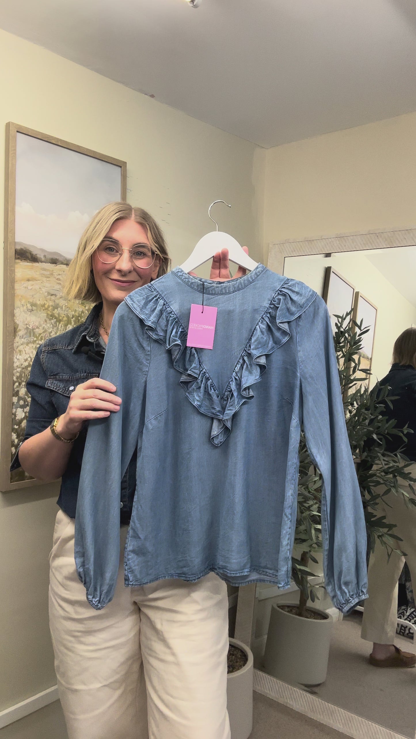Mint Velvet Blue Lyocell Ruffle V Button Back Denim Look Blouse, Size 10