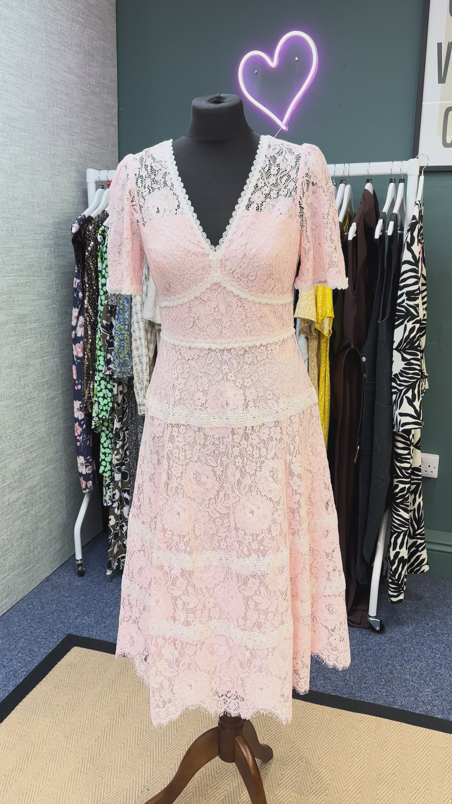 Needle & Thread Pink White Lace V-Neck Midi Short Sleeve Tiered Dress, Size 10