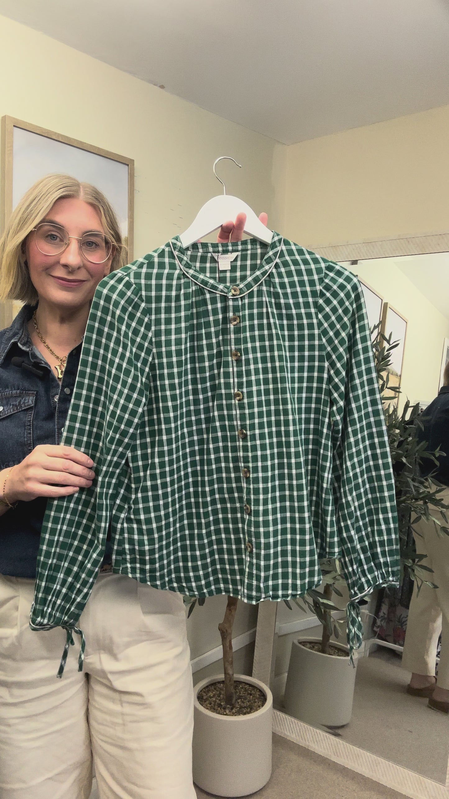 Monsoon Green Cotton Gingham Checked Tie Cuff Collarless Blouse, Size 10