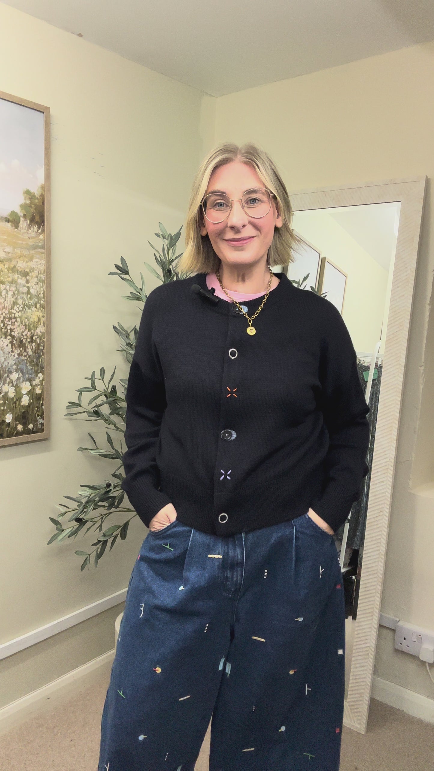 Paul Smith Navy Blue Embroidered Cross Stitch Crew Neck Cardigan, Size M