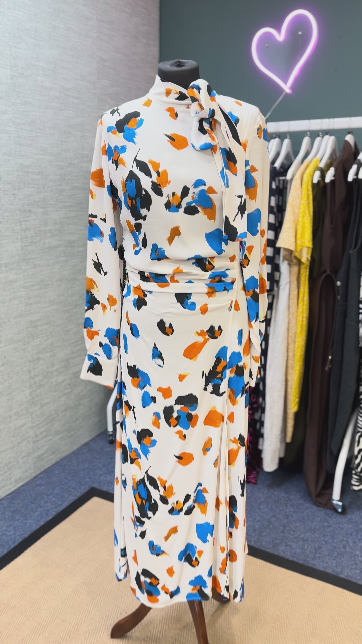 Reiss White Multi Niyah Abstract Print Tie Neck Midi Dress, Size 10