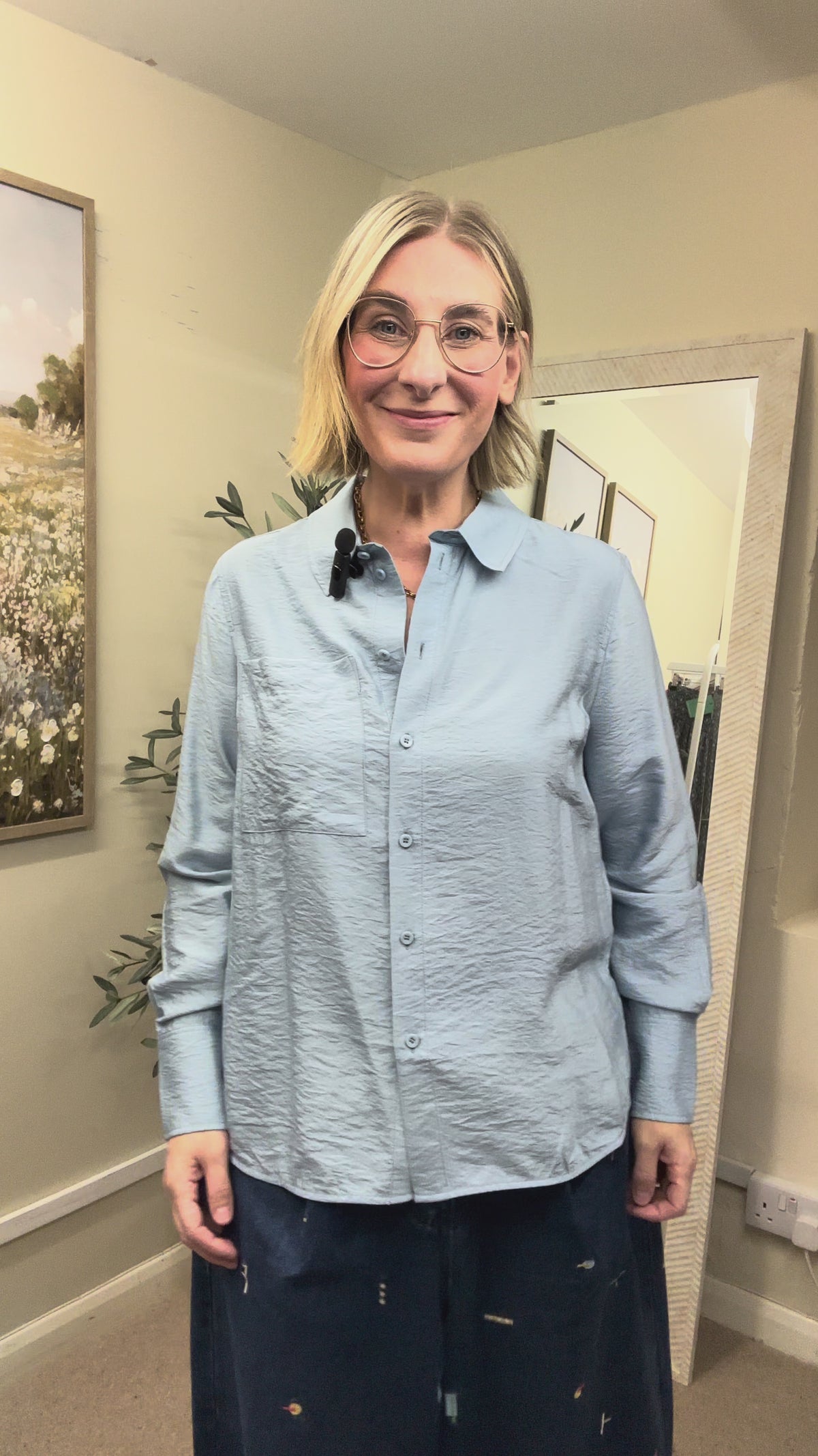 Hush Pale Blue Crinkle Button Down Relaxed Shirt, Size 10