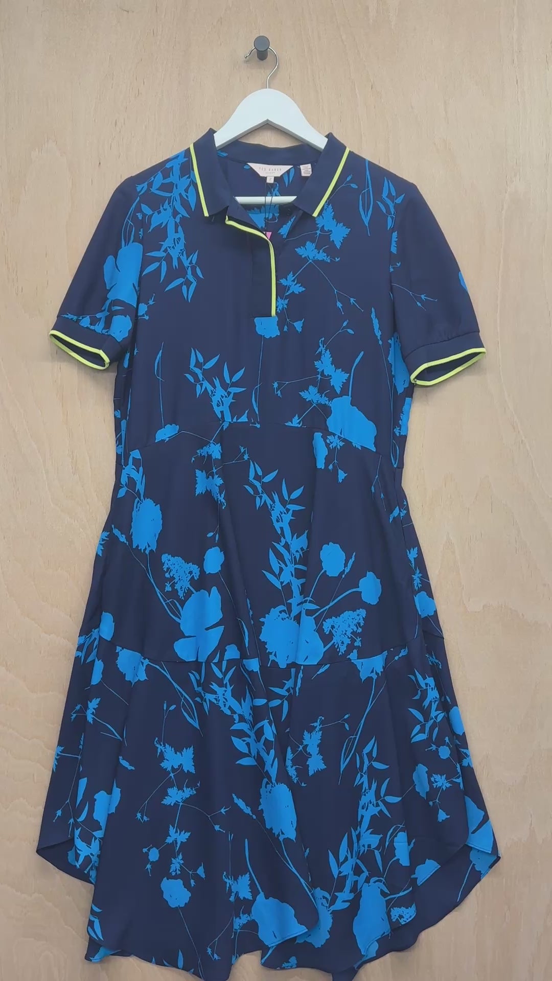 Ted Baker Blue Collared Floral Pocket Fit Flare Dress, Size 2 (UK 10)