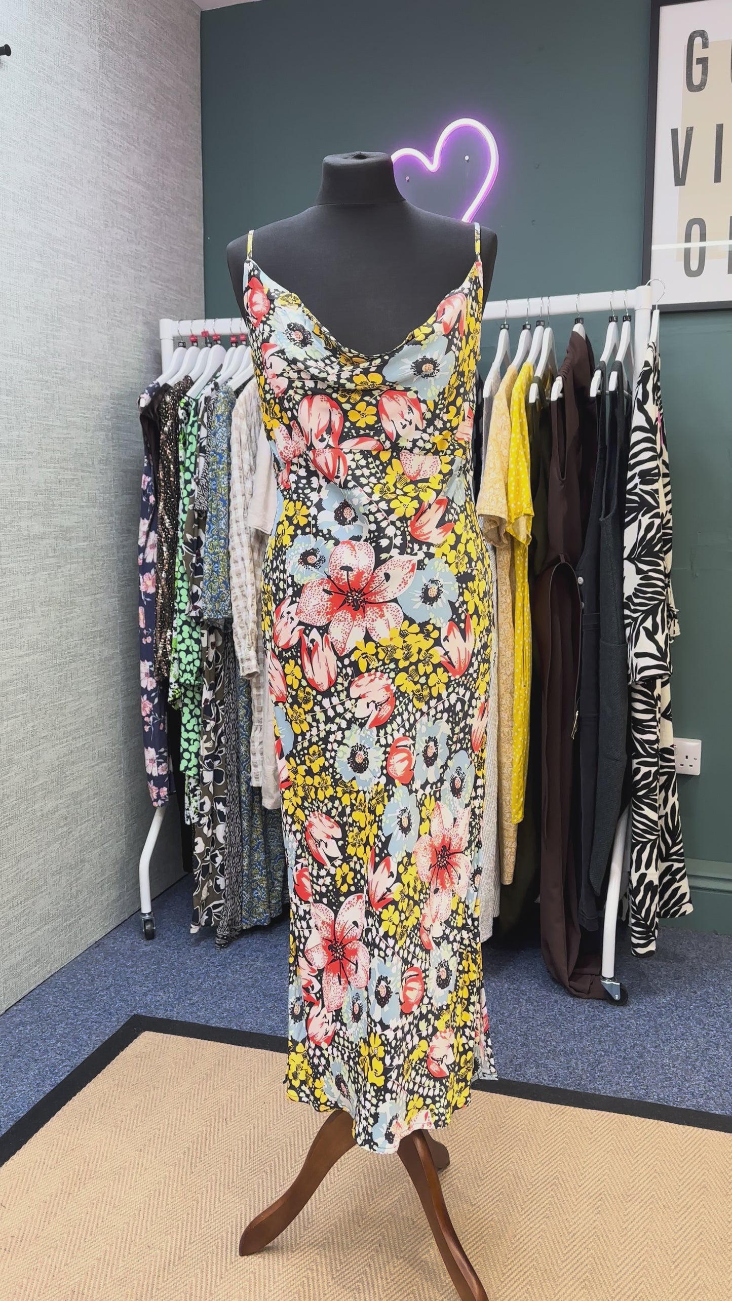 by Anthropologie Navy Mix Strappy Floral Satin Midi Dress, Size M