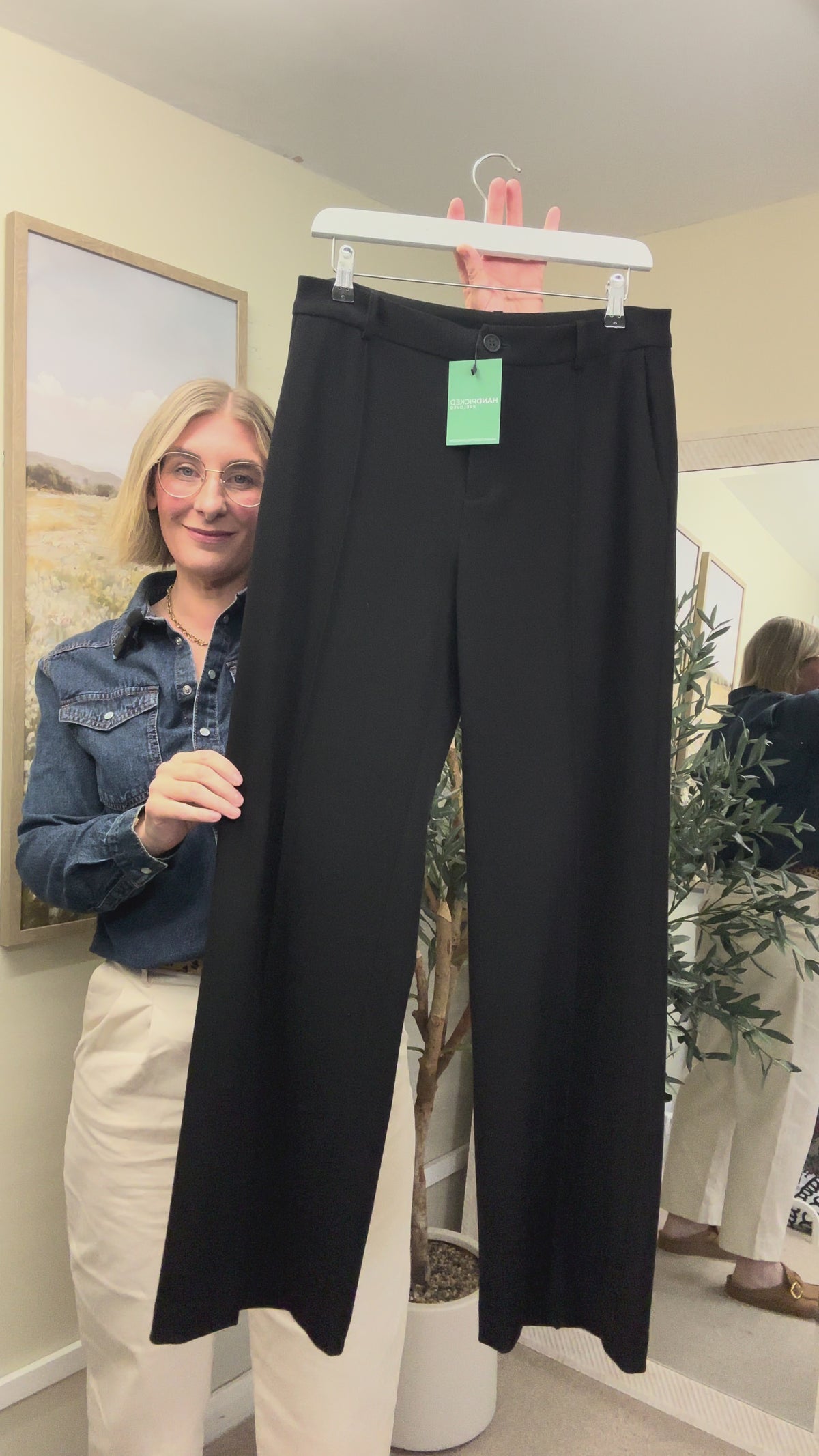 Saint + Sofia Black High Waist Tailored Straight Wide Leg Seam Pleat Trousers, Size 10
