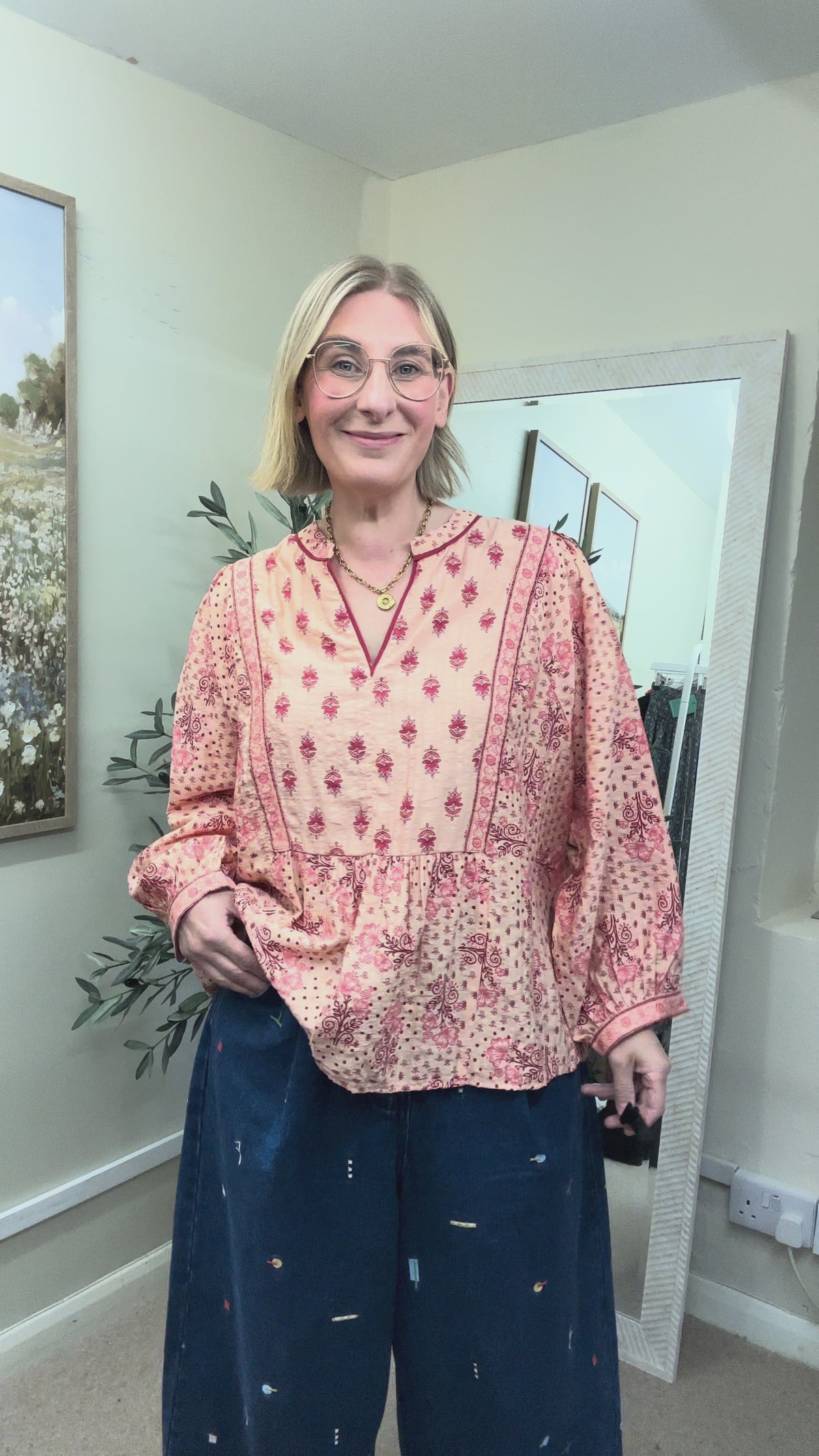 Monsoon Pink Red Indian Block Print Look Loose Fit Blouse, Size XL