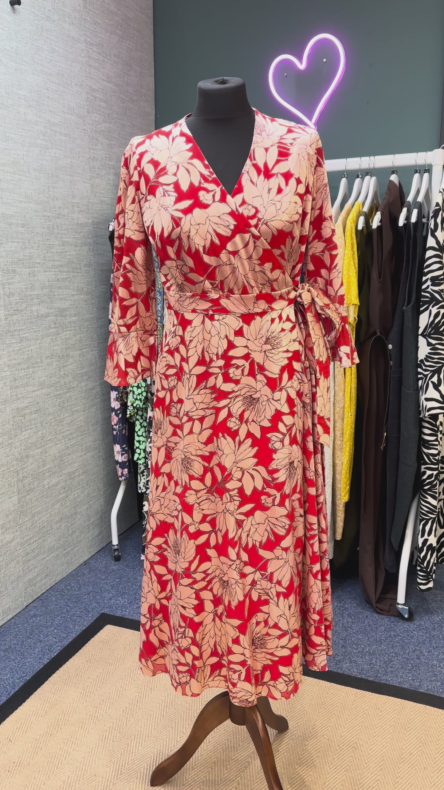 Hobbs Red Justina Satin V-Neck Faux-Wrap Half Sleeve Floral Print Dress, Size 10